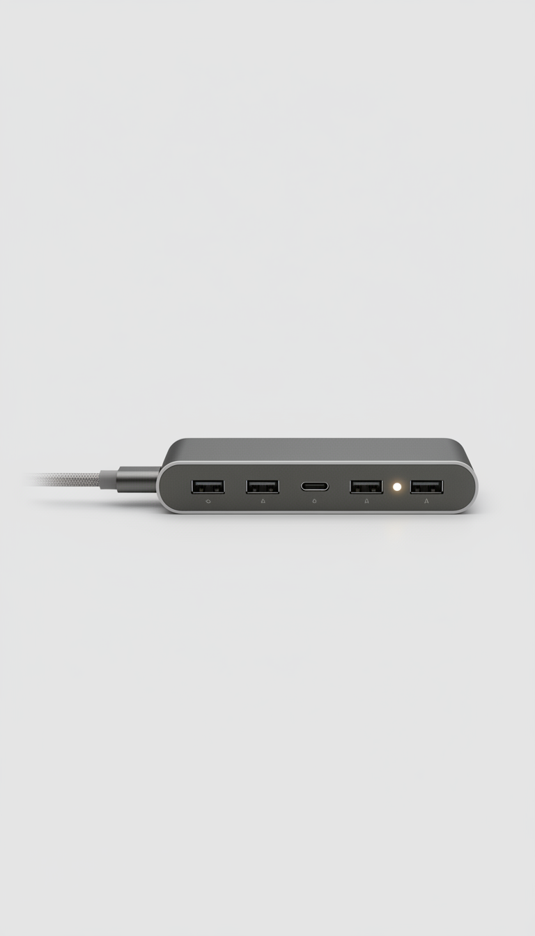 Certified pre-owned USB-C hub, Default angle is a precise 3/4 view that highlights the device’s geometry and material...