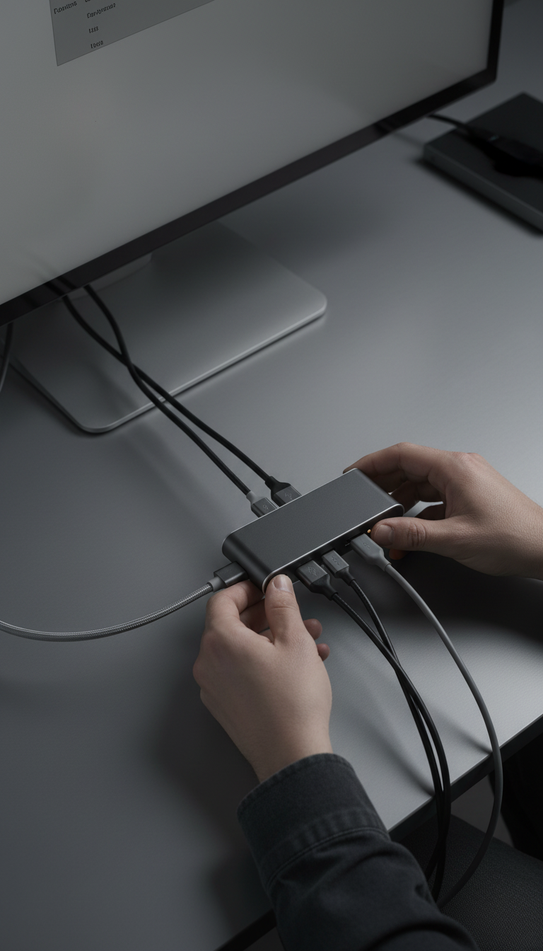 USB-C hub with seven ports in use