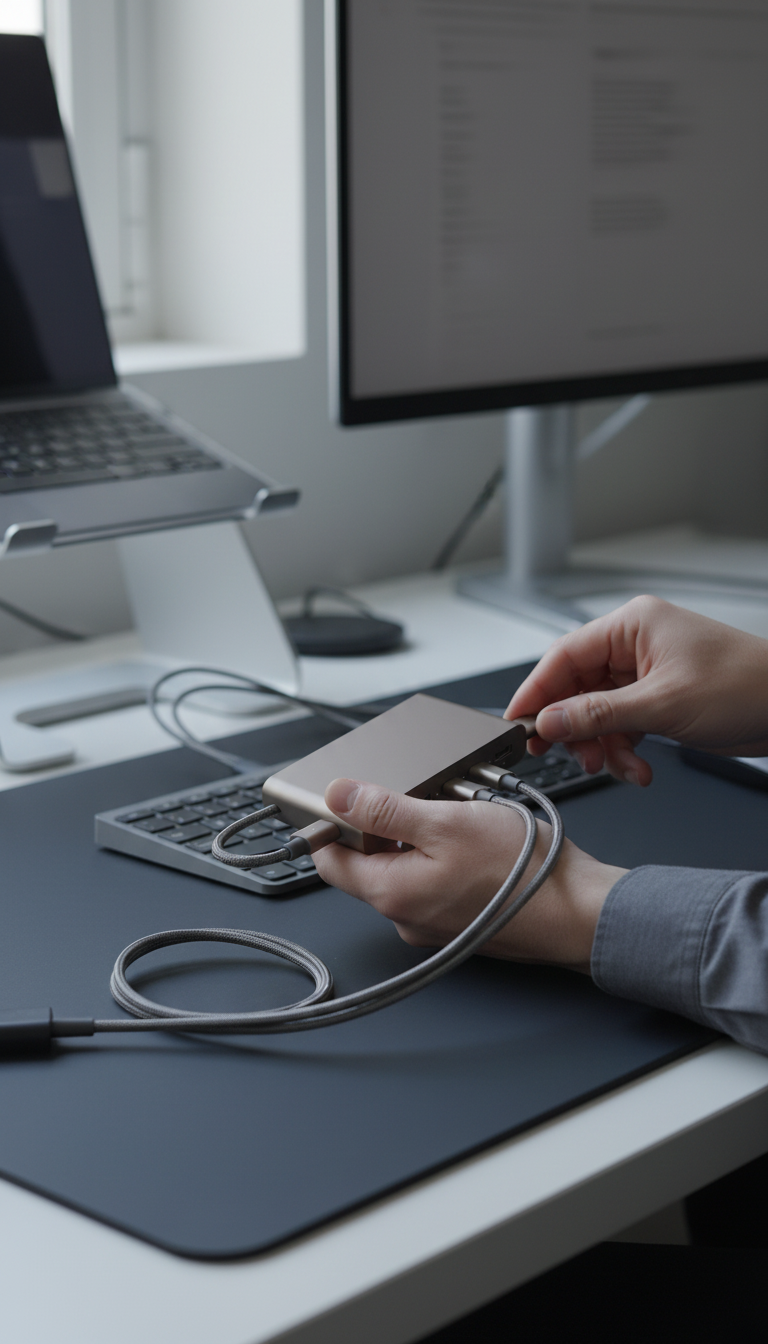 Minimalist USB-C hub with matte finish in use
